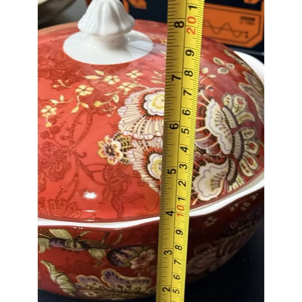 222 Fifth Gabrielle Red Paisley Covered Vegetable Serving Bowl w Lid